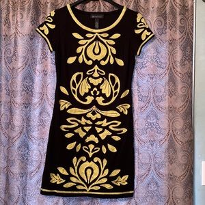 INC black mini dress with chartreuse embroidery